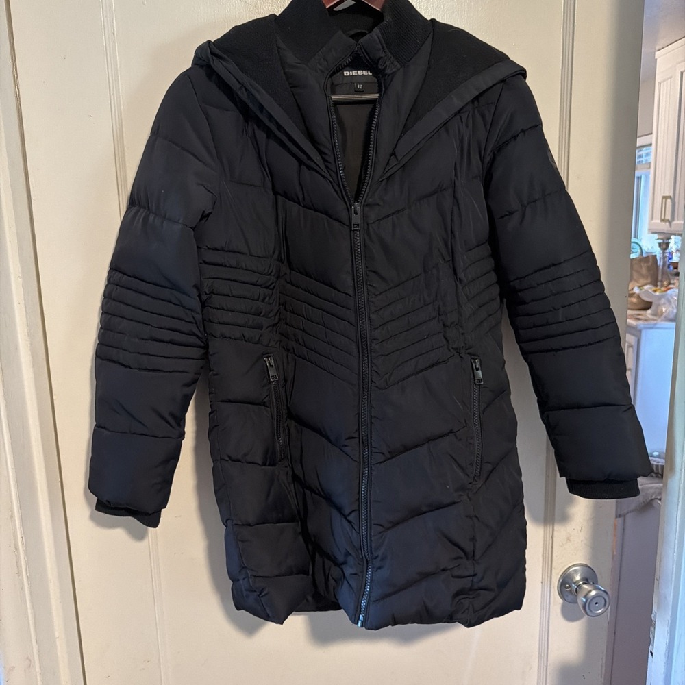 Diesel Black Polyester Nylon Hooded Puffer Zip Up Jacket Youth Girls Size 12